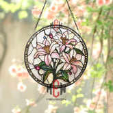 Pink Lily Stained Glass Suncatcher Floral Window Hanging Elegant Round Glass Panel Pastel Flower Decor Garden Lover Gift